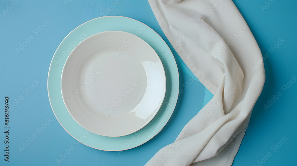 Fototapete Top view on colored background empty round white plate on tablecloth for food Empty dish on napkin with space for your design : Generative AI