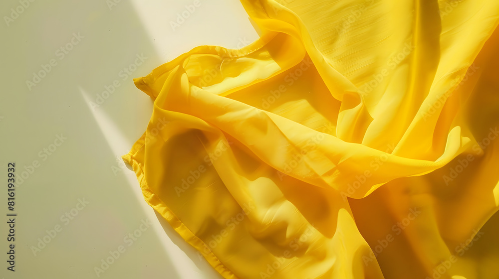 Poster top view with yellow empty kitchen napkin isolated on table background Folded cloth for mockup with copy space Flat lay Minimal style : Generative AI