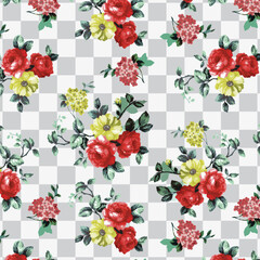Red and yellow bunchs of Roses on checkered background
