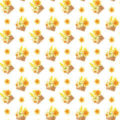 Seamless floral pattern of a bouquet flowers of daffodils in an envelope on a white tenderness background
