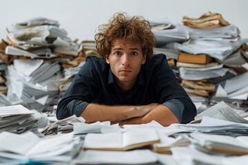 Young man lying among stacks of papers