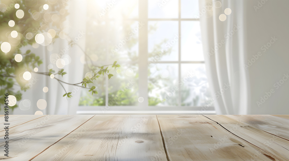 Poster empty wooden table on background of abstract blur white interior montage product display inside and window : Generative AI