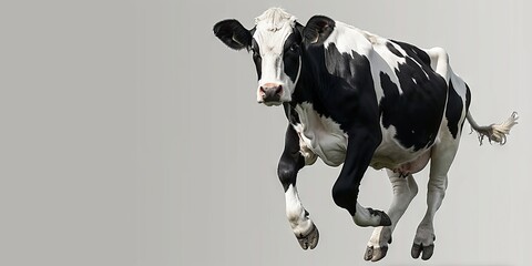 black and white cow jumping on a gray background. illustrations about agriculture and dairy products