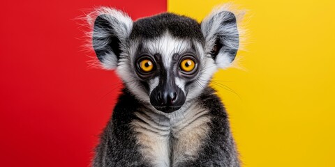 Portrait of a lemur with yellow eyes on a two-color background. Bright and funny photography for children's books and cards