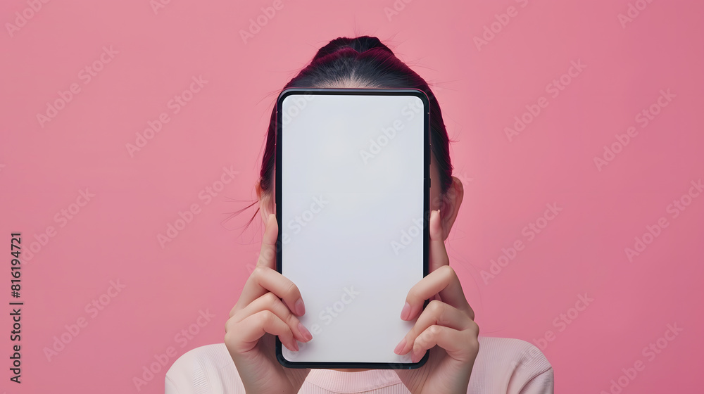 Leinwandbilder advertising concept portrait of excited asian lady peeking out big giant vertical smartphone with wh