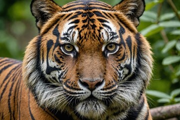Fototapeta premium Close-up detail portrait of Sumatran tiger, Panthera tigris sumatrae, rare tiger subspecies that inhabits the Indonesian island of Sumatra.