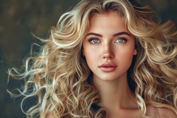 Fototapeta premium Beautiful Blond Woman with Long Curly Hair Showing Off Glamorous Coiffure