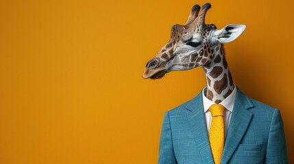 A Giraffe Sporting an Elegant Teal Business Suit and Matching Tie, Exuding Professionalism and Wit. Funny animal for banner, flyer, poster, card with copy space
