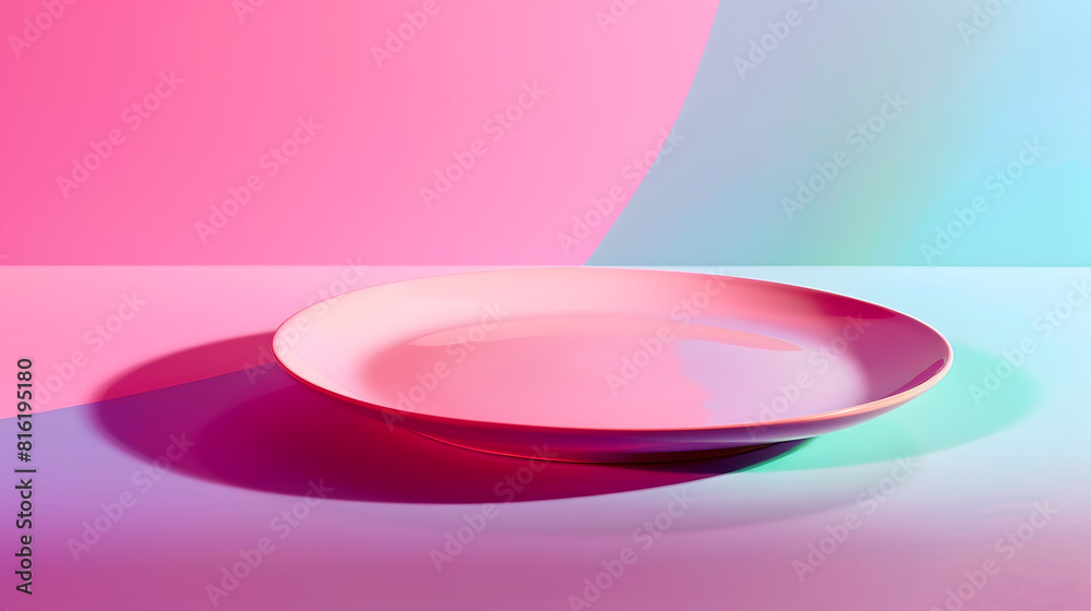 Poster empty pink plate minimalist on a magenta table single plate in bright light on a vibrant colored bac
