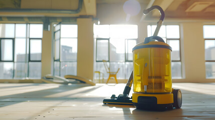Yellow vacuum cleaner on the wooden floor against the background of an empty office building after renovation  The concept of cleaning premises after renovation Copy space : Generative AI