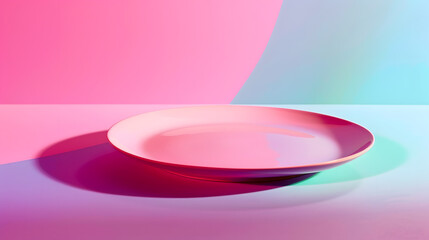 Empty pink plate minimalist on a magenta table Single plate in bright light on a vibrant colored background : Generative AI