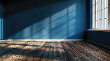 Wall Floor. Dark blue Wall in Empty Room with Wooden Floor as Background
