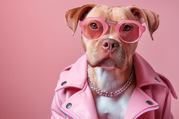 Fashionable Canine Diva Posing in a Chic Pink Jacket and Matching Sunglasses, Exuding Confidence and Style. Funny animal for banner, flyer, poster, card with copy space