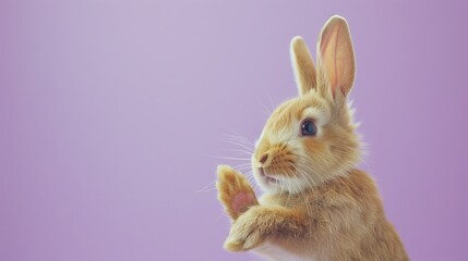 Obraz premium Charming Rabbit Reaching Upwards with Its Paw, Featuring a Soft, Smooth Coat Against a Light Purple Background. Funny animal for banner, flyer, poster, card with copy space