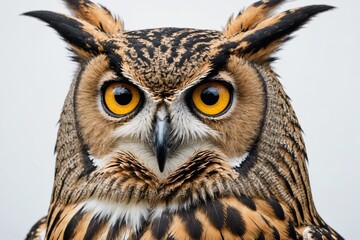 Close up of Eurasian Eagle-Owl, Bubo bubo, a species of eagle owl in front of white background