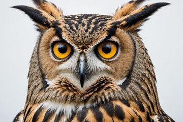 Obraz premium Close up of Eurasian Eagle-Owl, Bubo bubo, a species of eagle owl in front of white background