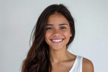 Fototapeta premium Woman Smiling White Background. Happy Young Hispanic Brunette Woman in Studio