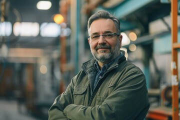 Obraz premium Engineer Success: Mature Businessman Portrait in Factory Setting with Copy Space