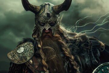 Naklejka premium Digital artwork of a viking warrior with traditional armor and weapons amidst a thunderstorm