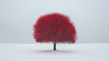 A lone red tree stands tall in the middle of a vast snowy field under the winter sky