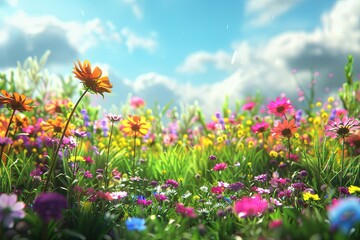 Various vibrant flowers in full bloom on a meadow under a clear blue sky. Generative AI