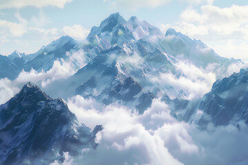 Majestic mountains shrouded in swirling fog, creating an enchanting and mysterious atmosphere