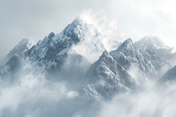 Obraz premium Majestic mountains shrouded in swirling fog, creating an enchanting and mysterious atmosphere