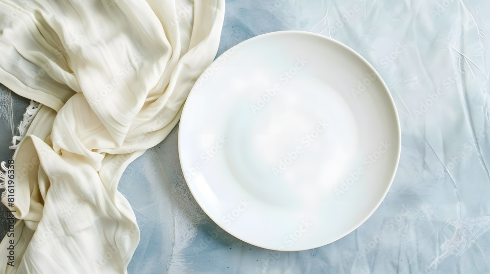 Aufkleber Top view on colored background empty round white plate on tablecloth for food Empty dish on napkin with space for your design : Generative AI