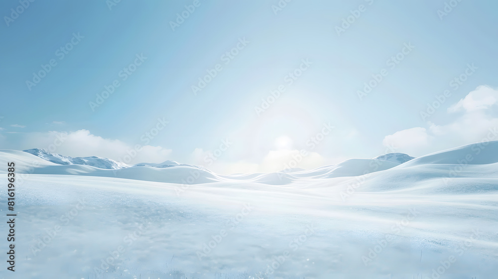 Aufkleber white snow in sun light on light blue frosty sky bright winter backdrop background with empty snowy 