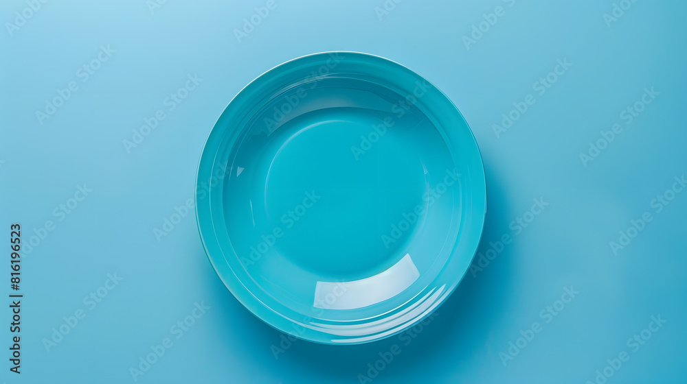 Poster top view of isolated of colored background empty round blue plate for food empty dish with space for