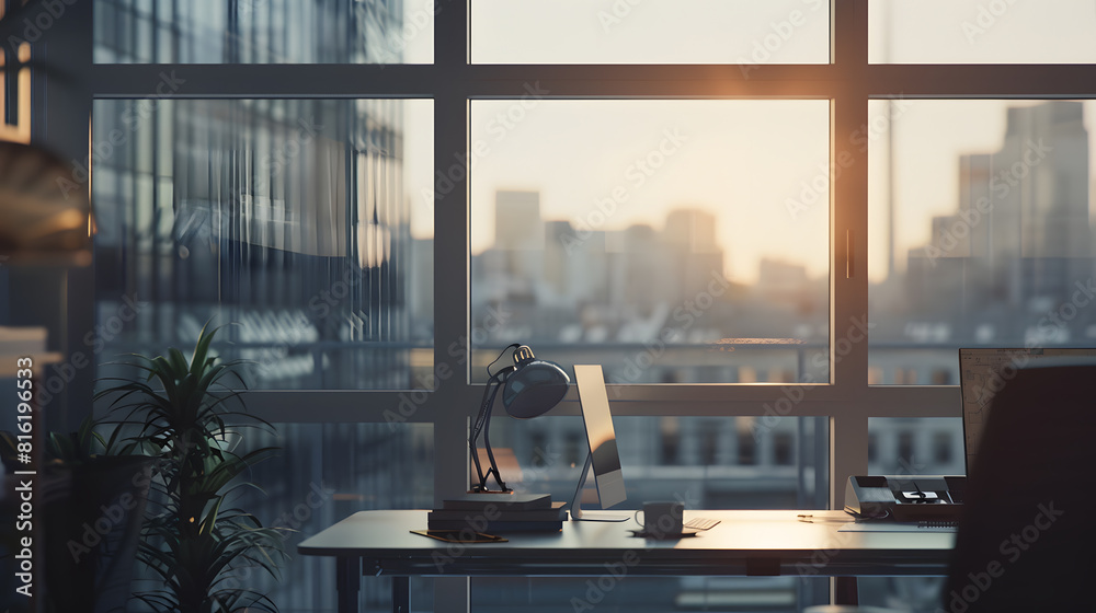 Poster modern office with open space to work thought the window and background city : generative ai