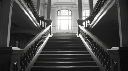 Fototapeta premium Empty staircase in a university in black and white : Generative AI
