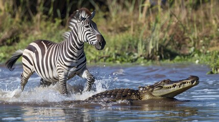 Zebra chasing a crocodile in a body of water