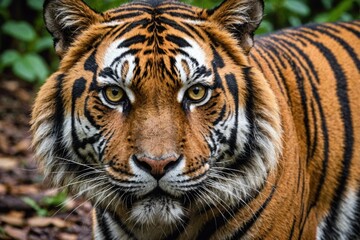 Wildlife tiger striped photography. Open eye black orange fur. Dangerous cat animal tropical jungle forest hunter close up photo