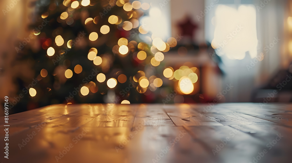 Poster Empty table in front of christmas tree with decoration background : Generative AI