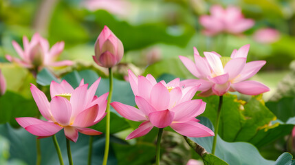 Obraz premium Beautiful pink lotus flowers floating in a pond symbolizing purity and tranquility, suitable for nature and floral related content.