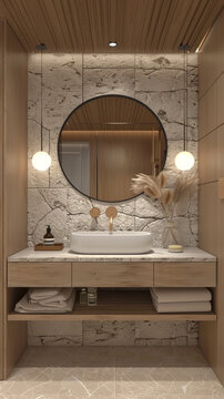 A modern small bathroom featuring rock textures, wood accents, and beige tiles. The vanity sink area includes a circular mirror for a sleek touch. -
