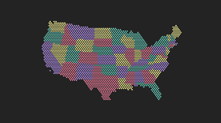 Stylish minimalistic map of the USA with dots. State boundaries of Florida, New York, Idaho, Washington, California, Nevada, New Jersey, Oklahoma. Cartographic illustration. States on a map.
