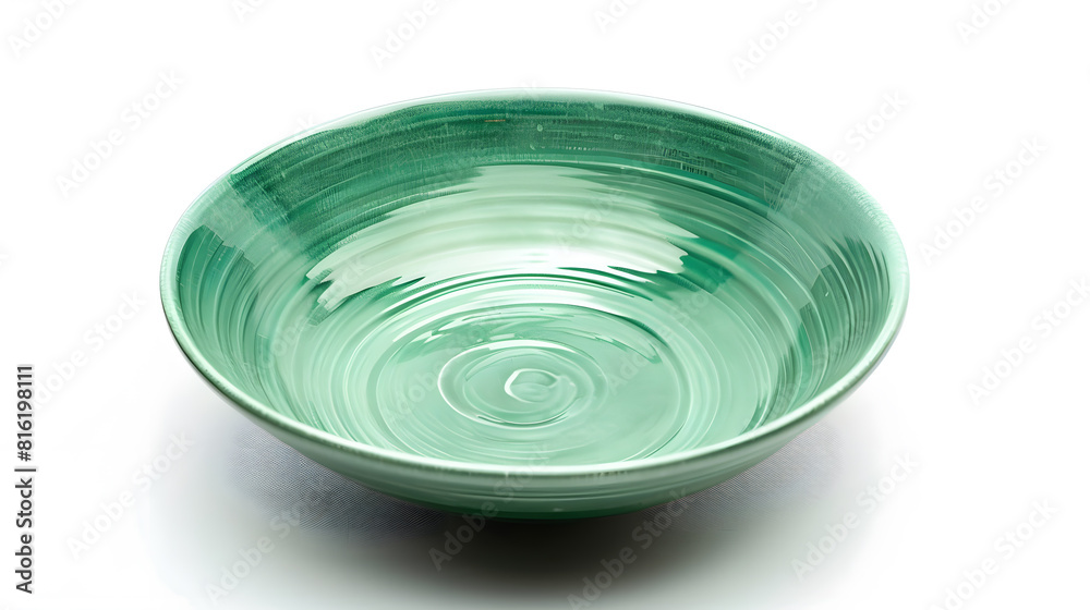 Poster Empty trendy handmade ceramic dish tablewares Round empty plate green texture vintage classic pattern isolate on white background top view cut out : Generative AI