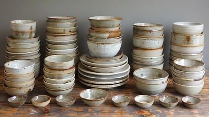   A table topped with bowls and saucers of various types