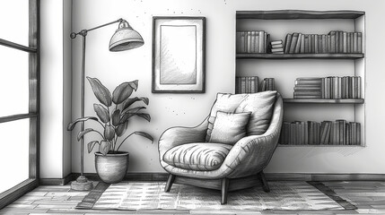 Illustration of black and white interior design: armchair, floor lamp, window.