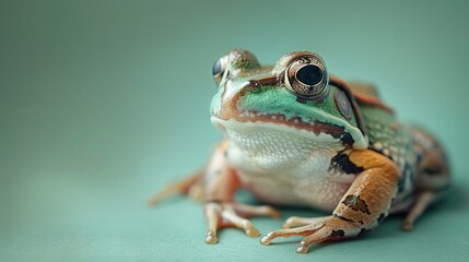   A green-brown frog atop a blue surface, with its head turned sideways
