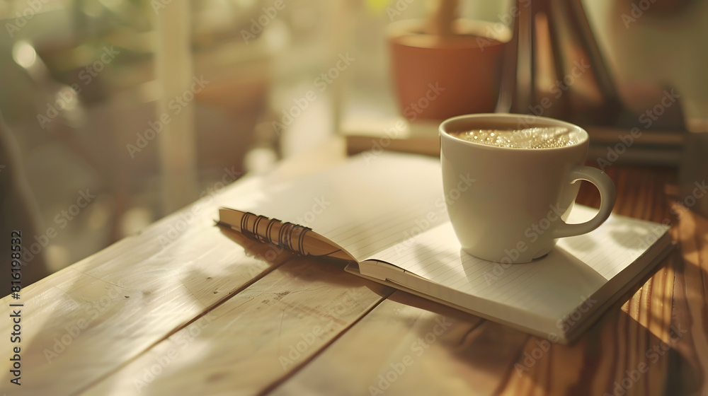 Aufkleber blank notepad with hot coffee on office table : generative ai