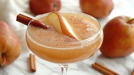   Close-up of a drink in a glass with an apple and cinnamon garnish on a marble surface