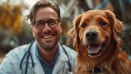 Happy Veterinarian or Doctor With Dog at Vet Clinic. Concept of Care,generative ai