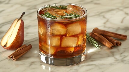   An apple cider glass next to cinnamon sticks and an apple on a marble table with a sprig of rosemary
