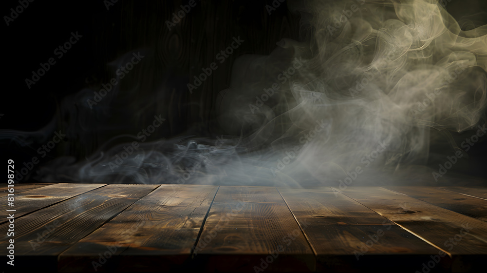 Poster On a black background an empty wooden table with smoke floats up Empty space for displaying your products with a smoke float up on a dark background Space available for displaying your : Generative AI
