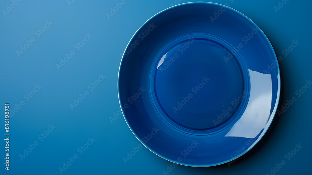 Poster Top view of isolated of colored background empty round blue plate for food Empty dish with space for your design : Generative AI
