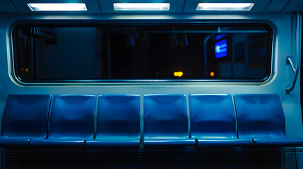 Obraz premium At night empty blue metro seats with a dark window above looking outside and a screen displaying the metro line : Generative AI