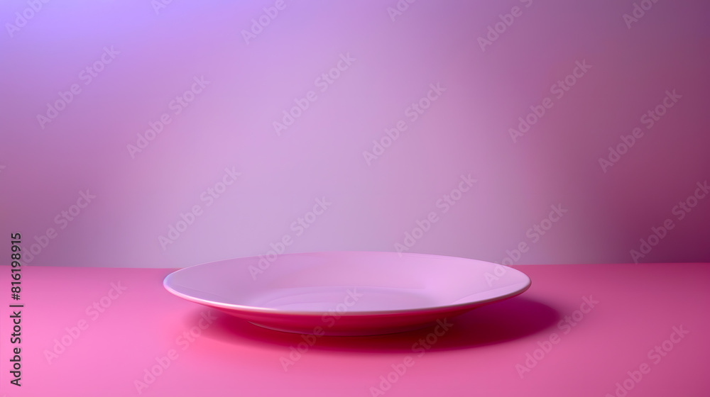 Poster empty pink plate minimalist on a magenta table single plate in bright light on a vibrant colored bac